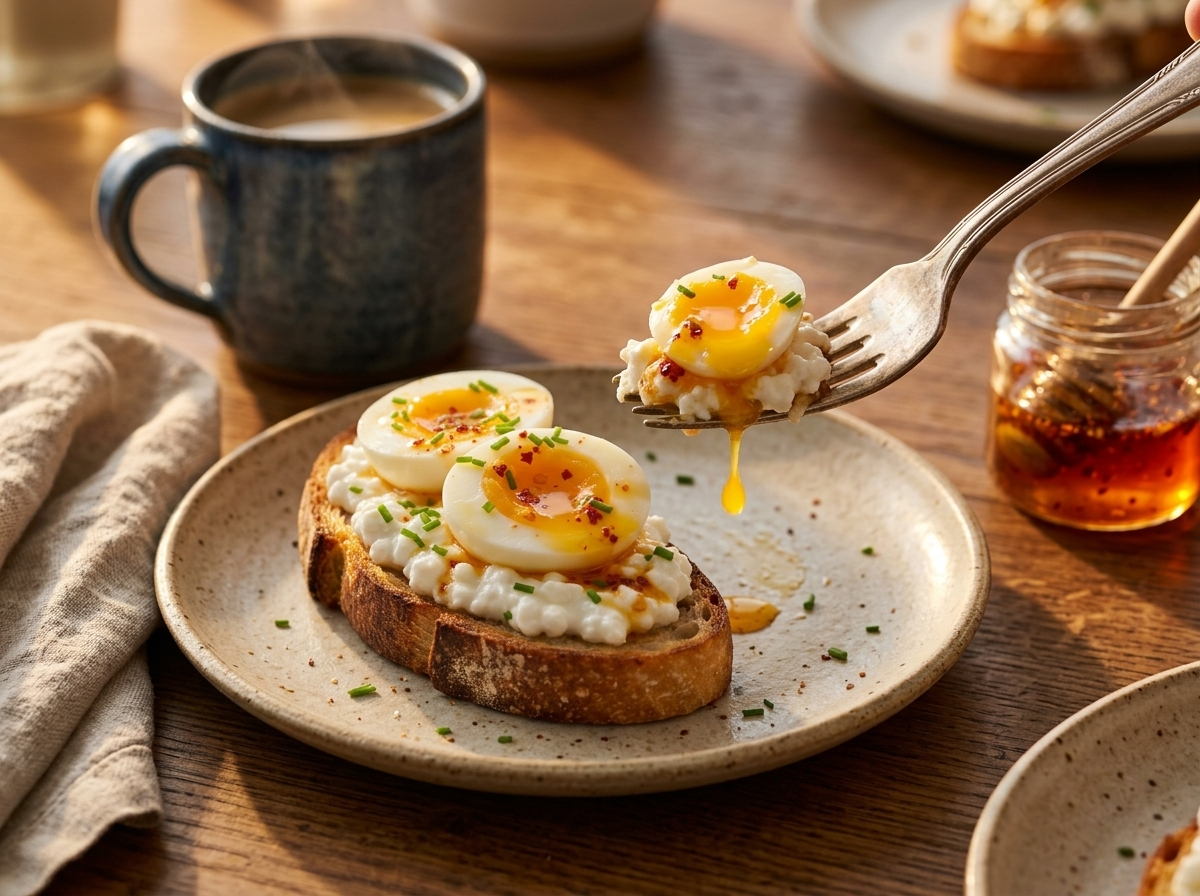 Morning table scene with the toast on a plate, coffee mug, linen napkin, and window light hitting the honey drizzle.