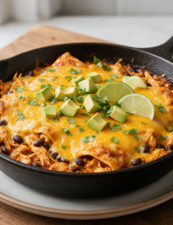 Cast-iron skillet of chicken enchilada filling with melted cheese, avocado and cilantro, shot from above.
