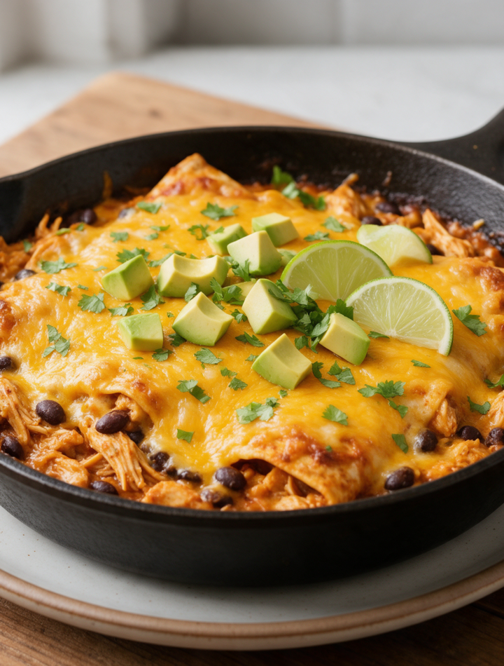 Cast-iron skillet of chicken enchilada filling with melted cheese, avocado and cilantro, shot from above.