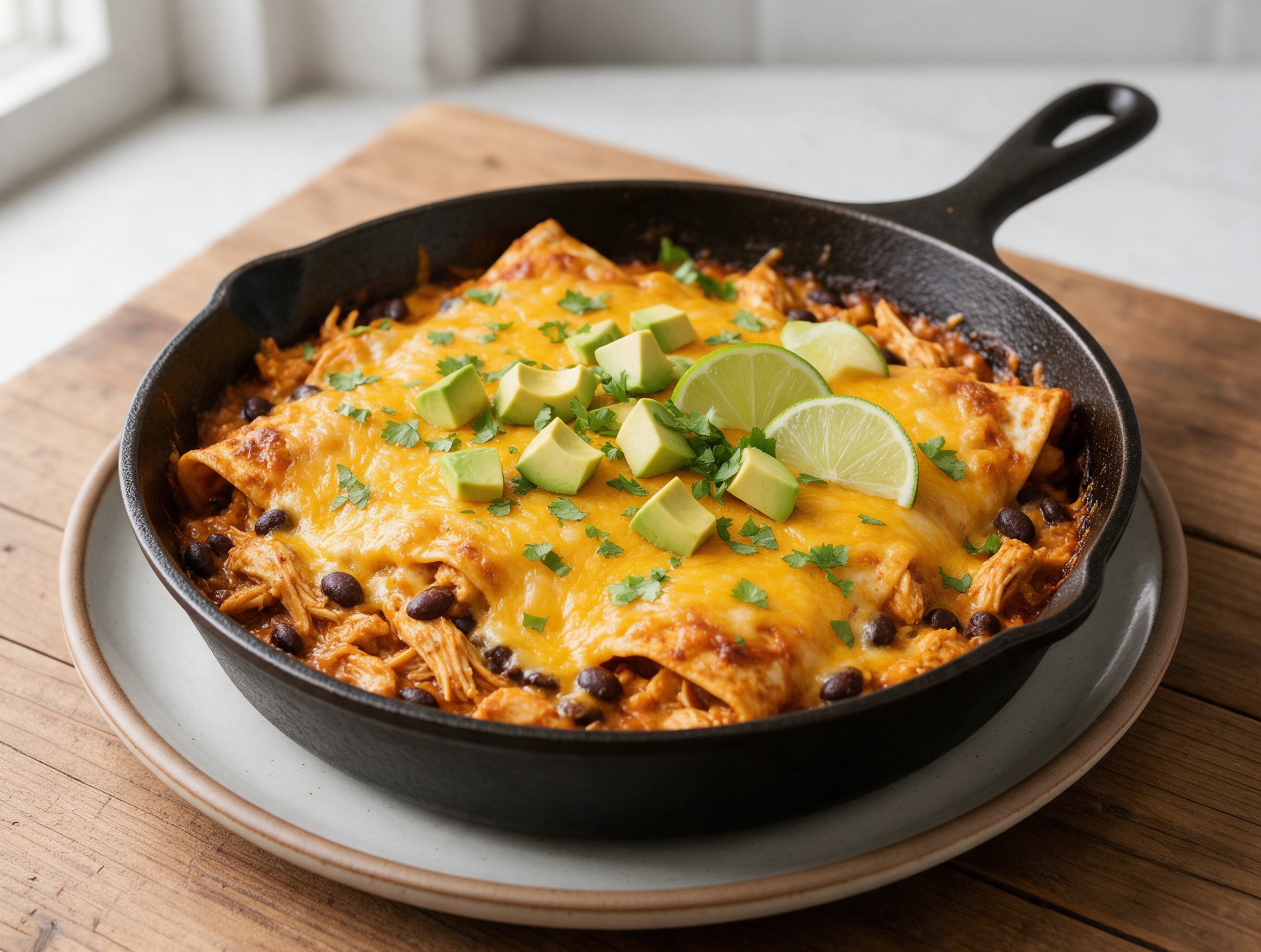 Cast-iron skillet of chicken enchilada filling with melted cheese, avocado and cilantro, shot from above.