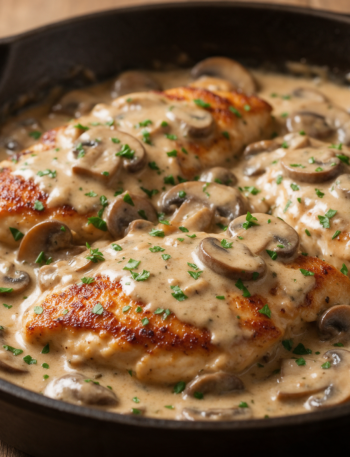 Seared chicken cutlets bathed in a creamy tan marsala mushroom sauce in a cast iron skillet, parsley flecks scattered on top.
