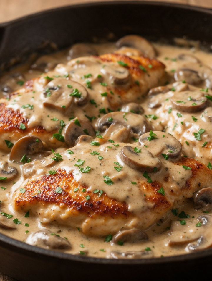 Seared chicken cutlets bathed in a creamy tan marsala mushroom sauce in a cast iron skillet, parsley flecks scattered on top.