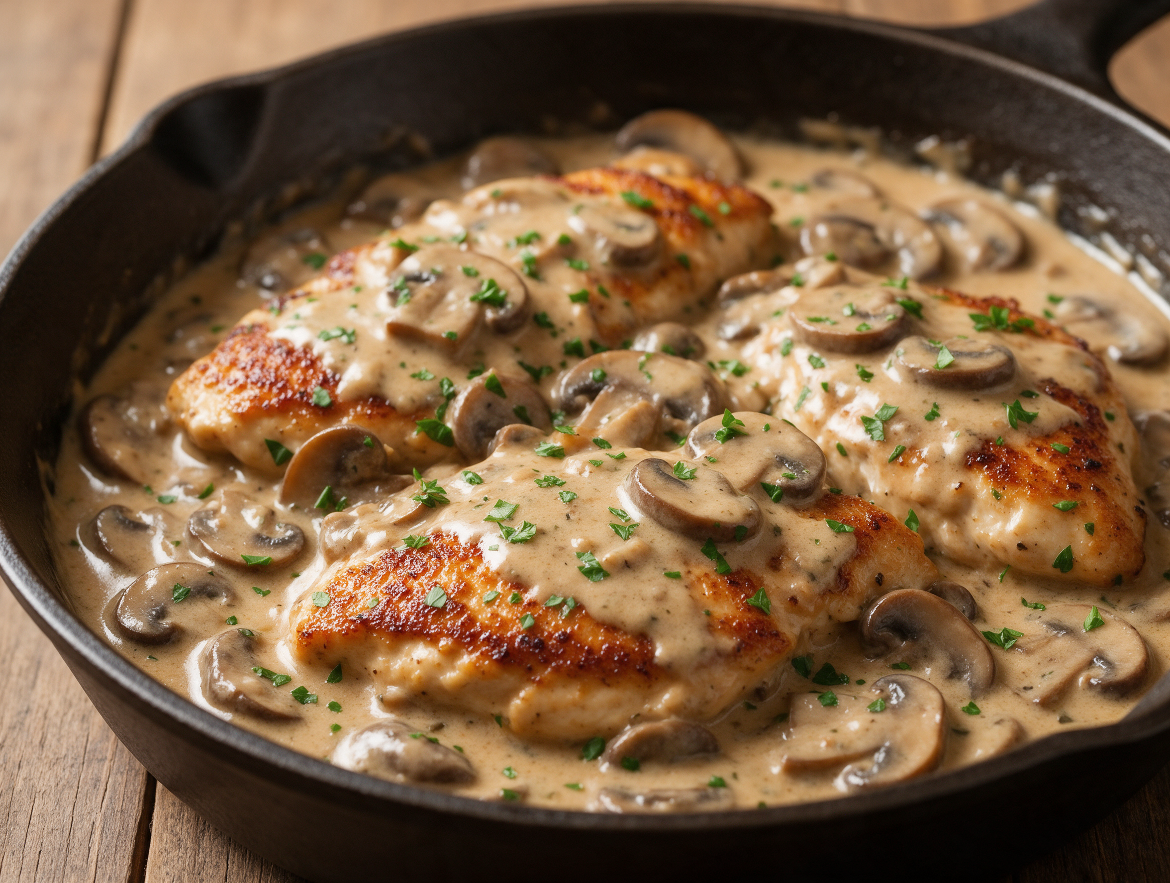 Seared chicken cutlets bathed in a creamy tan marsala mushroom sauce in a cast iron skillet, parsley flecks scattered on top.