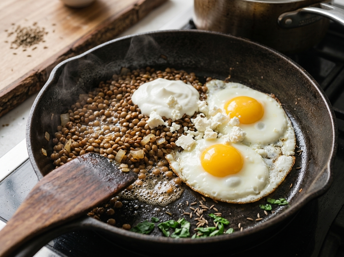 Cast iron skillet with lentils and onions sizzling next to two eggs frying, steam rising, wooden spoon resting on the rim.