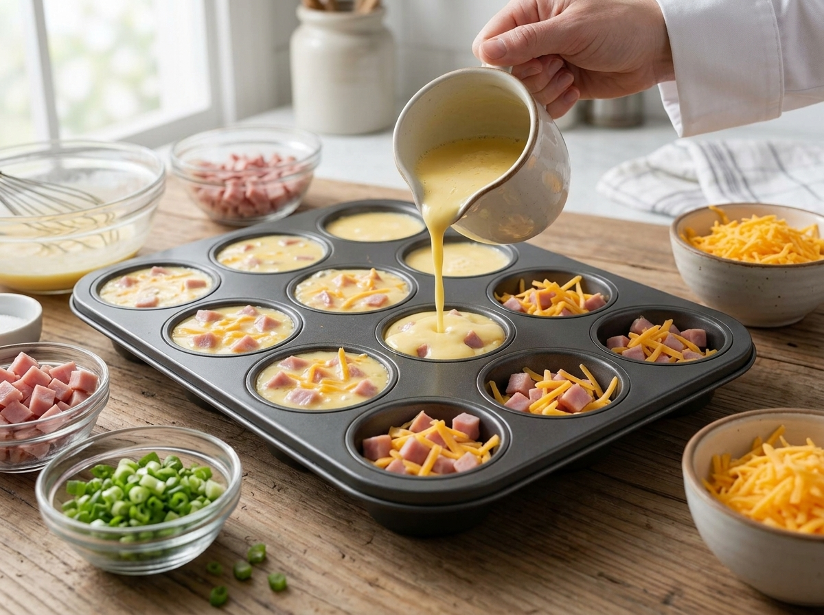 Hand pouring whisked egg and milk mixture over diced ham and cheddar in a metal 12-cup muffin tin before baking.