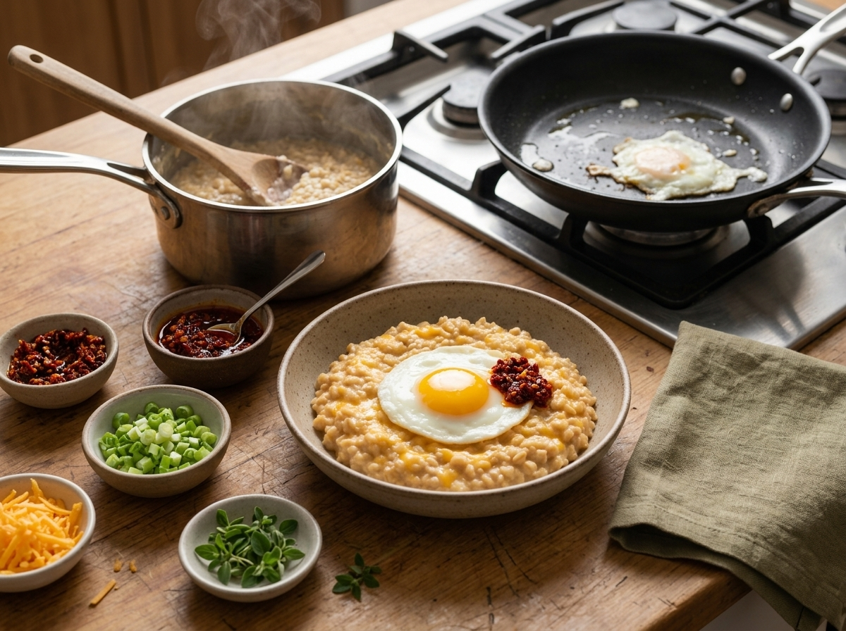 Wooden spoon stirring thick cheddar oats in a saucepan while a fried egg sizzles in a nonstick skillet beside it