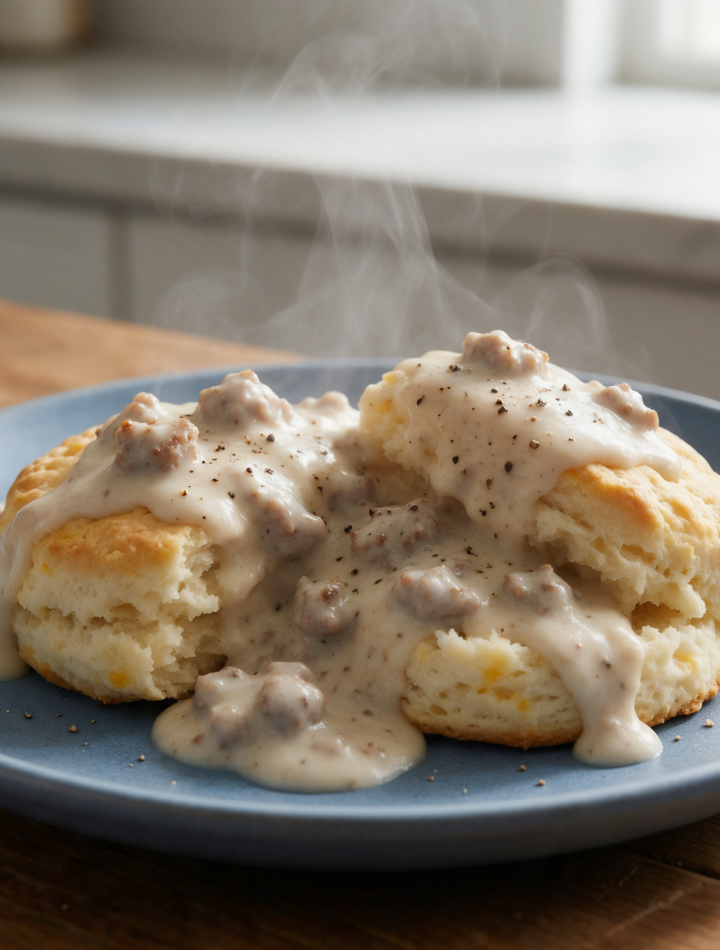 Overhead view of split cottage cheese biscuits covered in peppery turkey sausage gravy on a blue stoneware plate