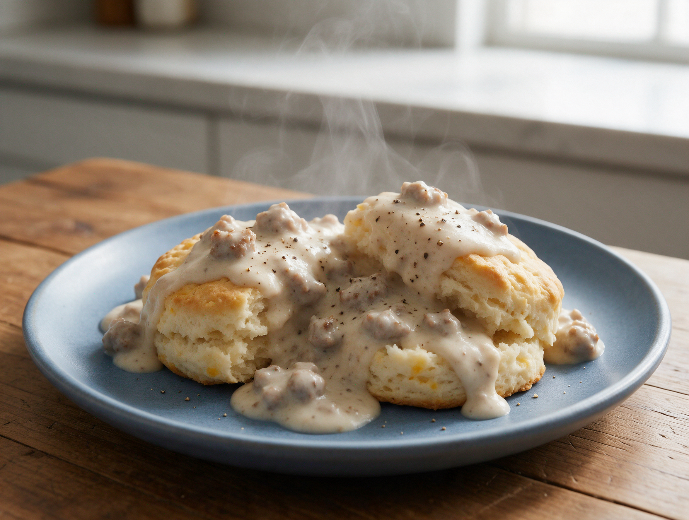Overhead view of split cottage cheese biscuits covered in peppery turkey sausage gravy on a blue stoneware plate