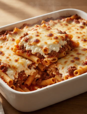 Overhead view of golden baked ziti in a white 9x13 dish with a lifted slice showing the creamy cottage cheese layer inside