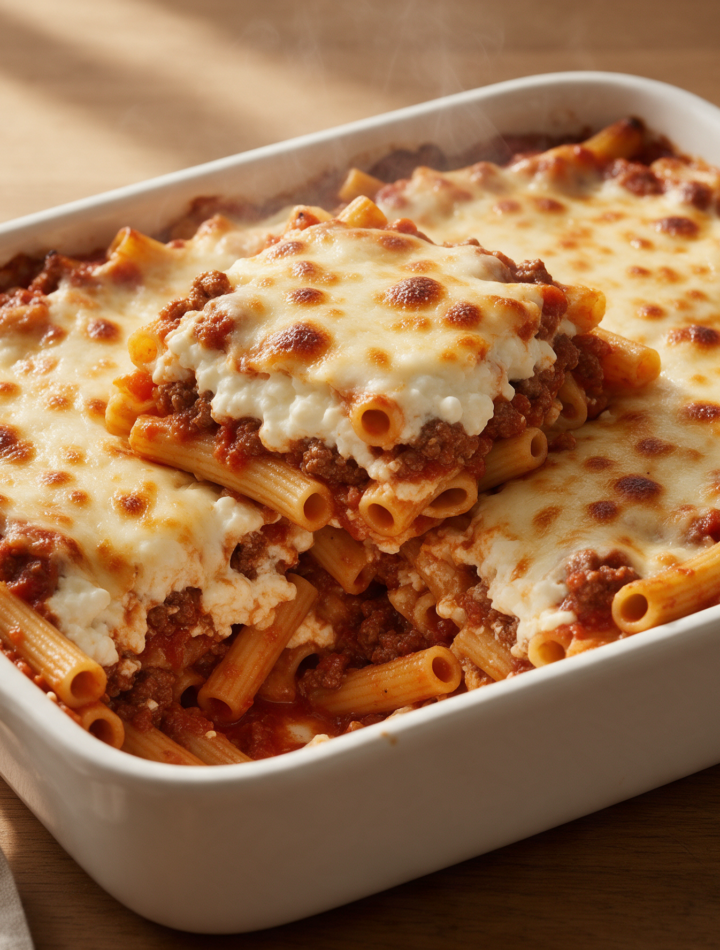 Overhead view of golden baked ziti in a white 9x13 dish with a lifted slice showing the creamy cottage cheese layer inside