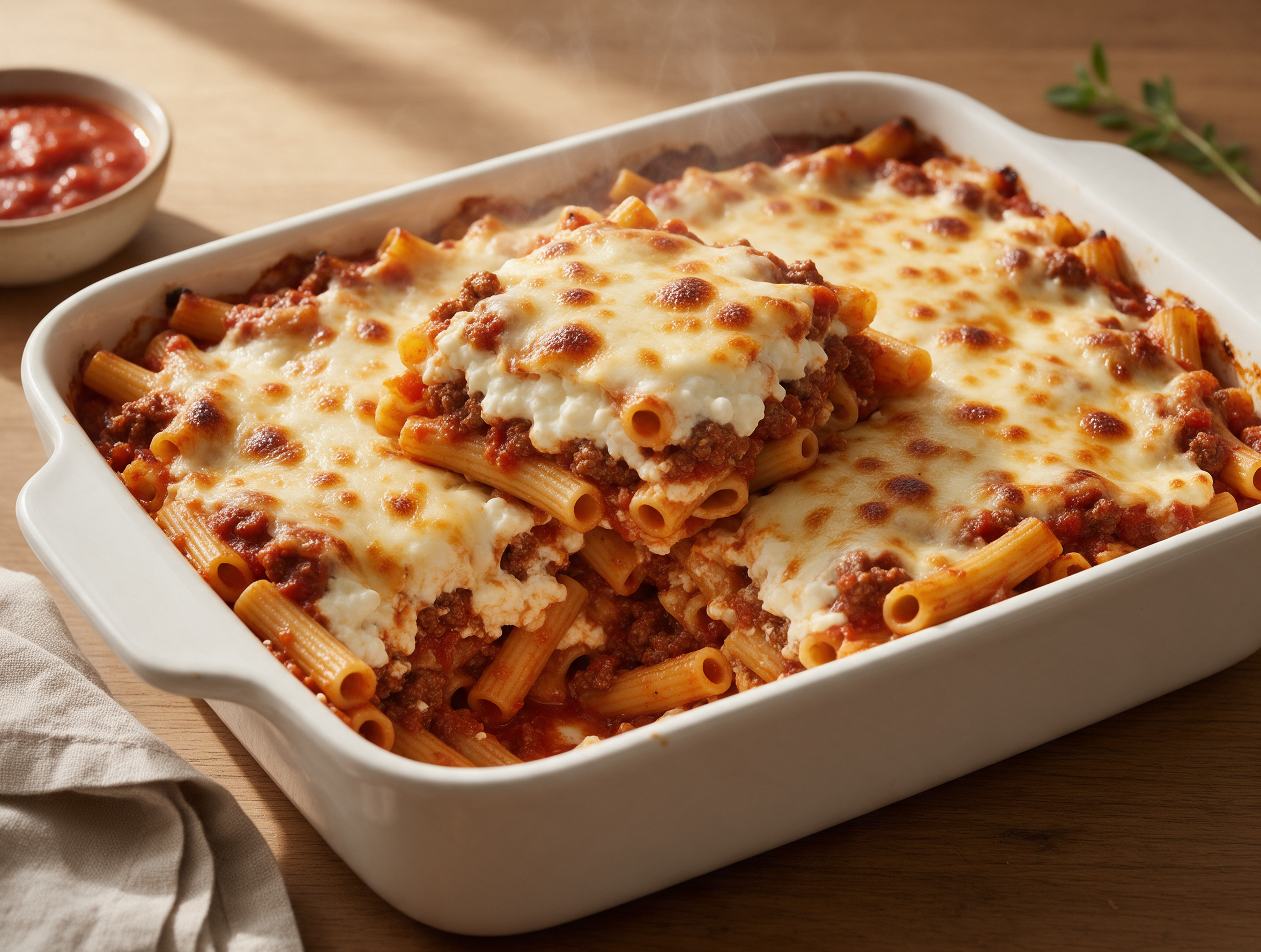 Overhead view of golden baked ziti in a white 9x13 dish with a lifted slice showing the creamy cottage cheese layer inside