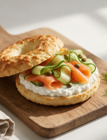 Halved cottage cheese bagel piled with whipped cottage cheese, folded smoked salmon, capers, and fresh dill on a wooden board.