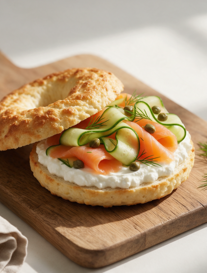 Halved cottage cheese bagel piled with whipped cottage cheese, folded smoked salmon, capers, and fresh dill on a wooden board.