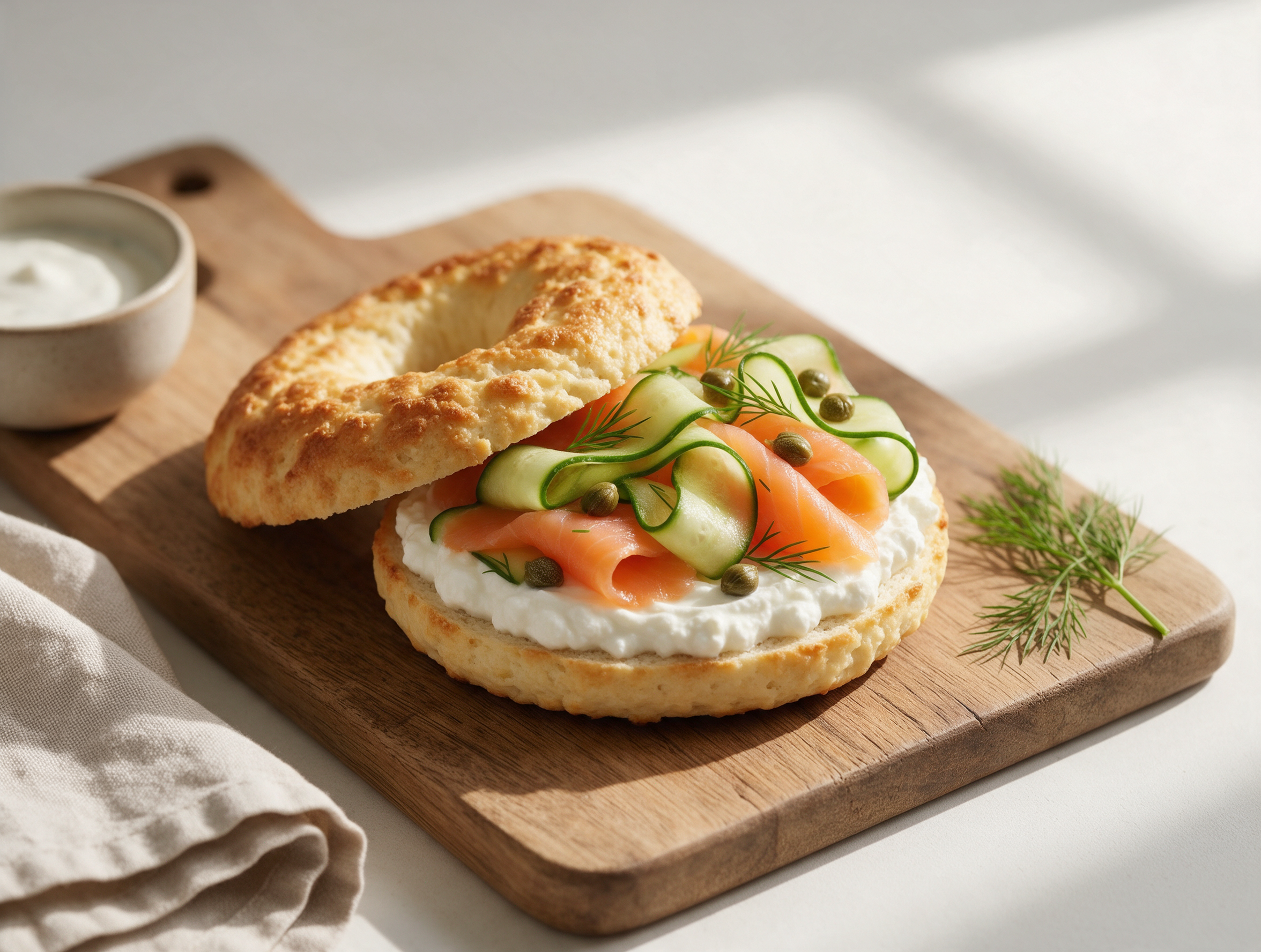 Halved cottage cheese bagel piled with whipped cottage cheese, folded smoked salmon, capers, and fresh dill on a wooden board.