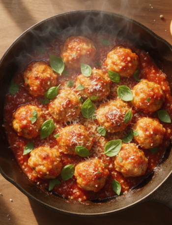 Cast iron skillet of baked chicken meatballs in tomato sauce topped with torn basil and melted parmesan on a wood table