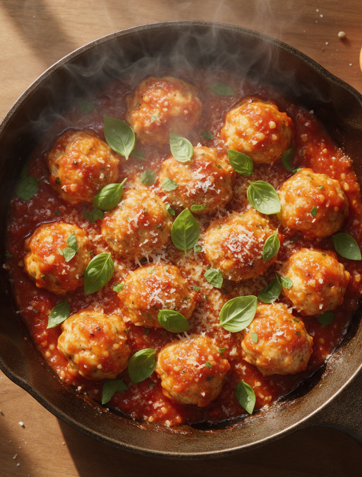 Cast iron skillet of baked chicken meatballs in tomato sauce topped with torn basil and melted parmesan on a wood table