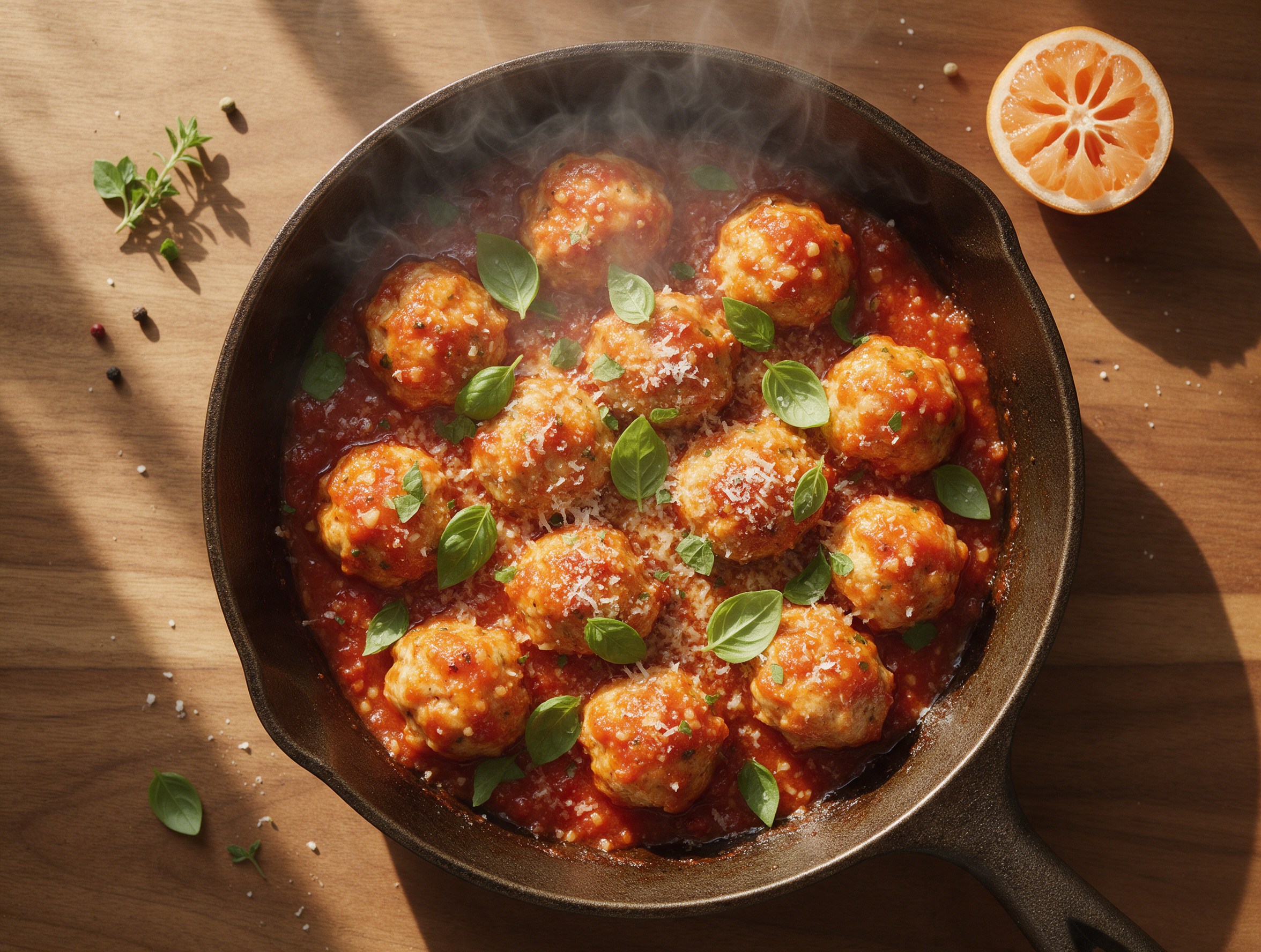 Cast iron skillet of baked chicken meatballs in tomato sauce topped with torn basil and melted parmesan on a wood table