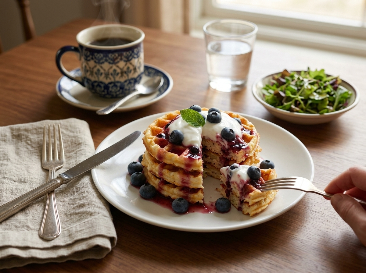 Woman in a sunlit kitchen pouring warm berry syrup over cottage cheese waffles at a table with coffee and a linen napkin.
