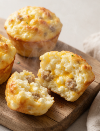 Overhead shot of golden turkey sausage muffins split open on a wood board, steam rising, melted cheddar visible inside