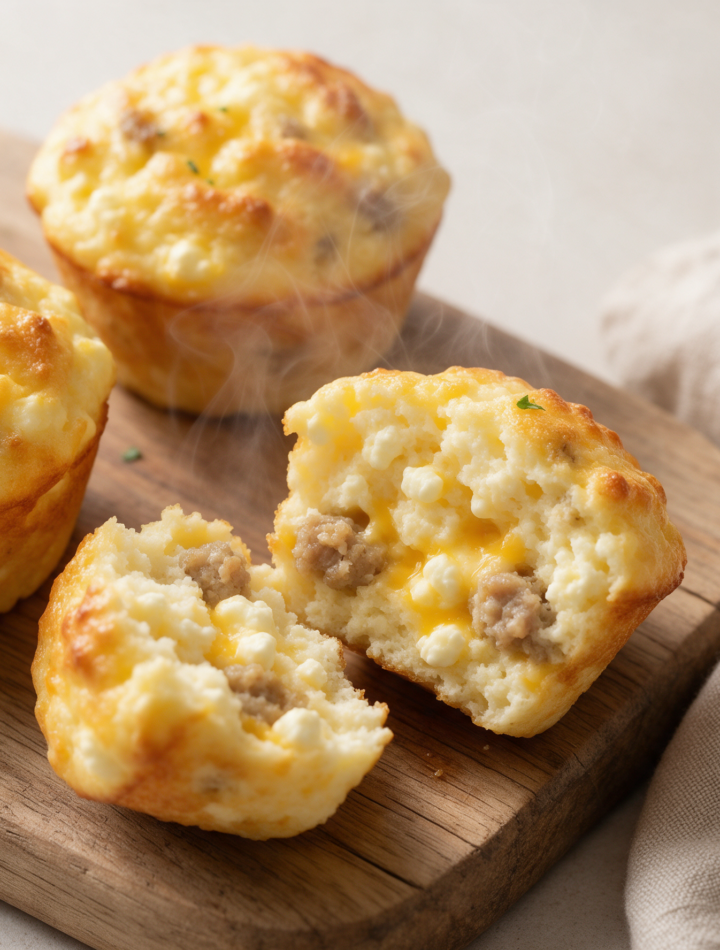 Overhead shot of golden turkey sausage muffins split open on a wood board, steam rising, melted cheddar visible inside