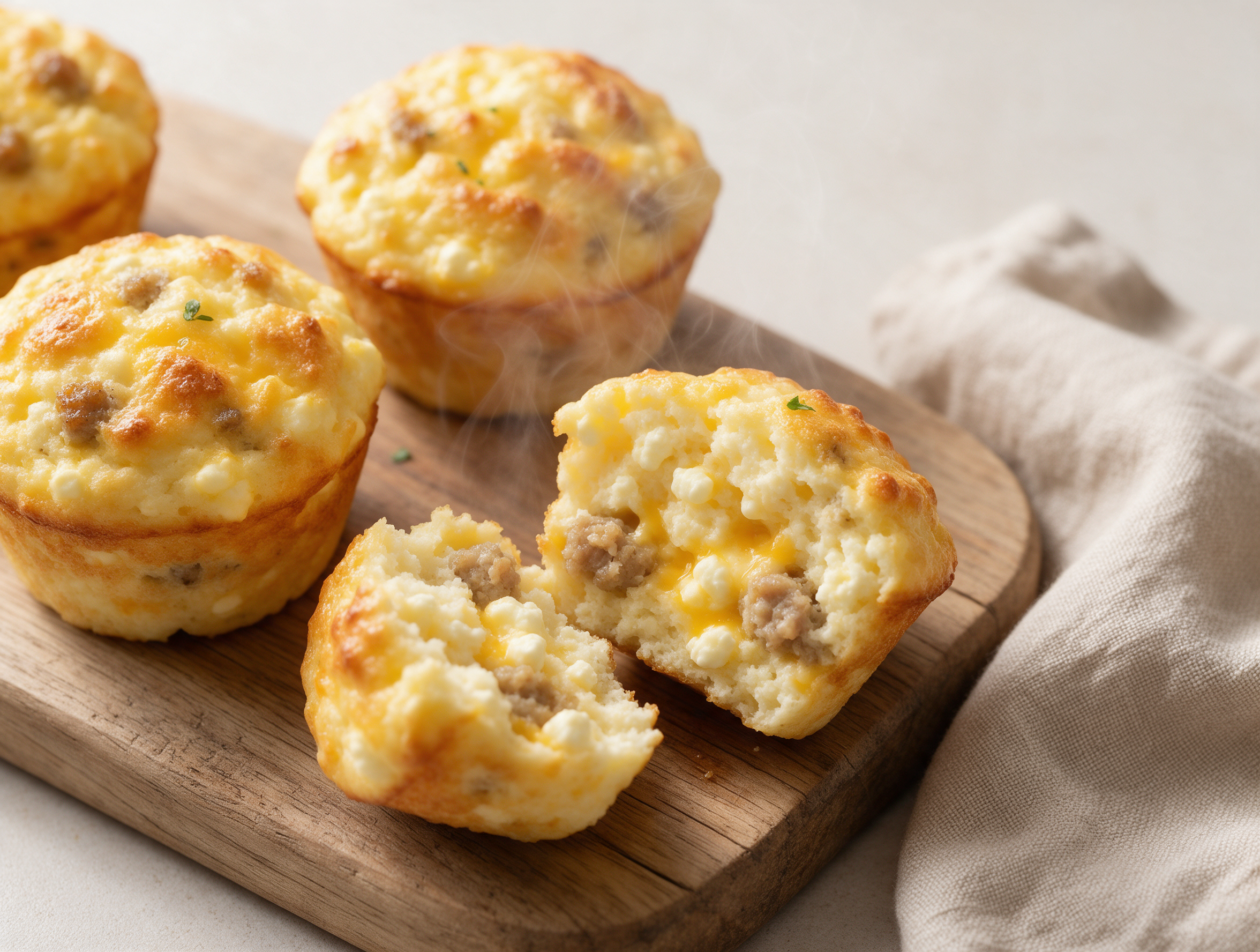 Overhead shot of golden turkey sausage muffins split open on a wood board, steam rising, melted cheddar visible inside