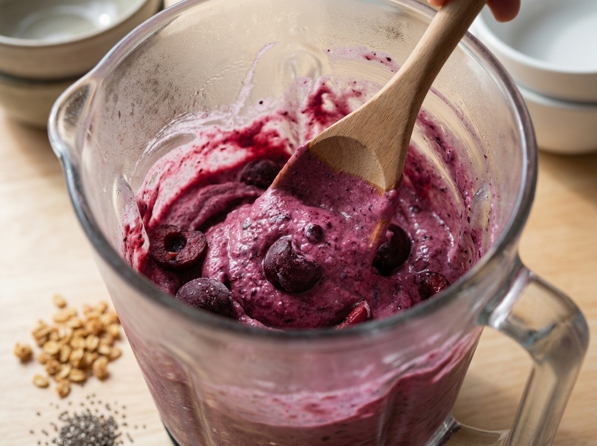 Blender jar mid-blend with thick magenta cherry yogurt mixture and a spatula scraping down the frosted glass sides.