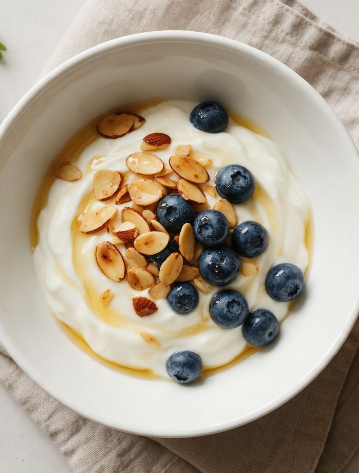 Overhead view of a skyr bowl topped with toasted almonds, fresh blueberries and a honey drizzle on a linen napkin