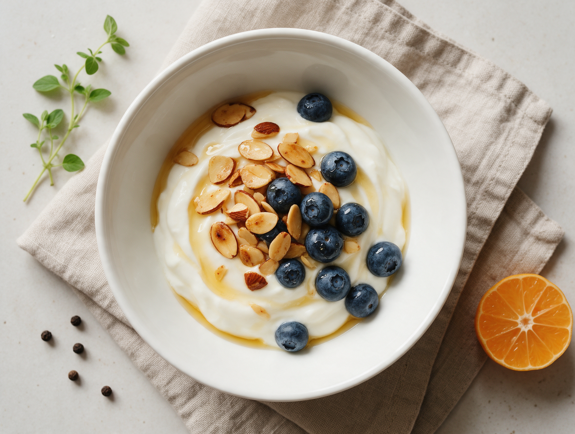 Overhead view of a skyr bowl topped with toasted almonds, fresh blueberries and a honey drizzle on a linen napkin