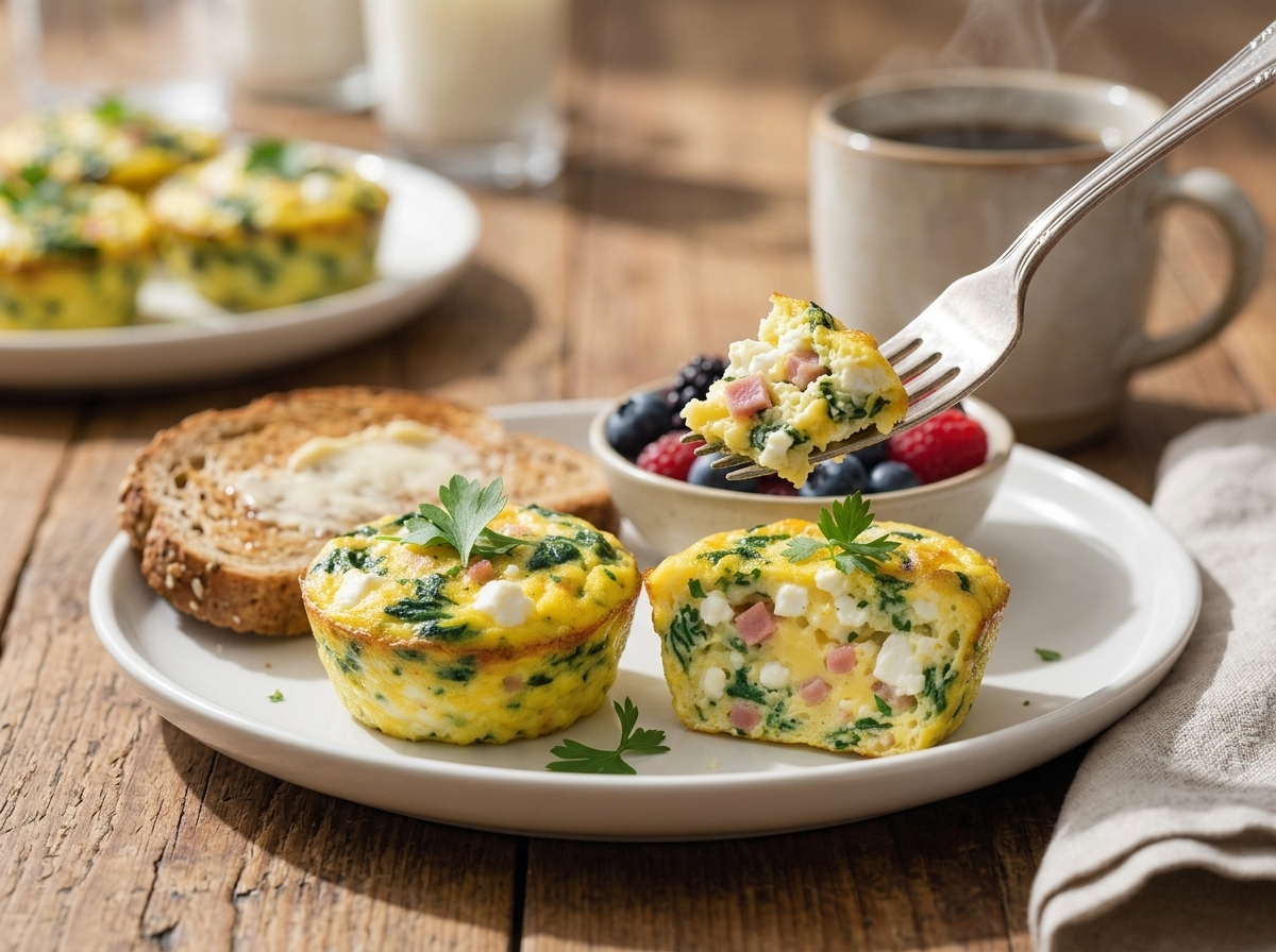 Plate of two egg cups next to whole-grain toast and berries on a breakfast table with morning light