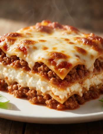 Baked cottage cheese lasagna slice on a white plate, layers of beef, cheese, and noodles visible, steam rising over a wood table.