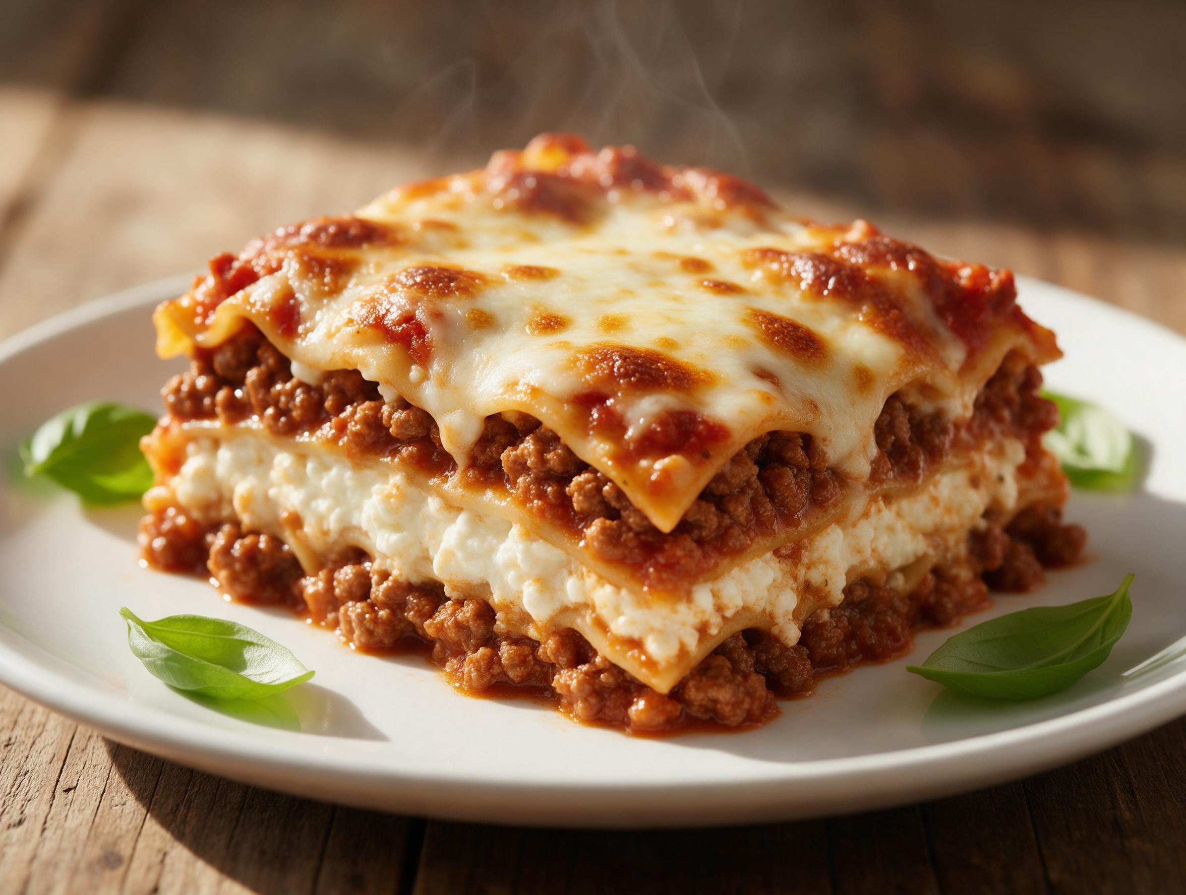 Baked cottage cheese lasagna slice on a white plate, layers of beef, cheese, and noodles visible, steam rising over a wood table.