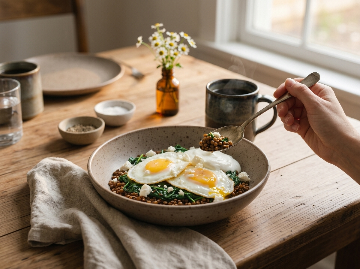 Woman at a kitchen table lifting a spoonful of the breakfast bowl, coffee mug and napkin nearby in morning light.