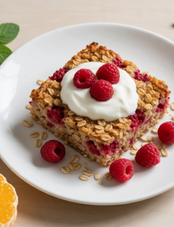 Golden baked oatmeal square topped with a swirl of Greek yogurt and fresh raspberries on a rustic wood table