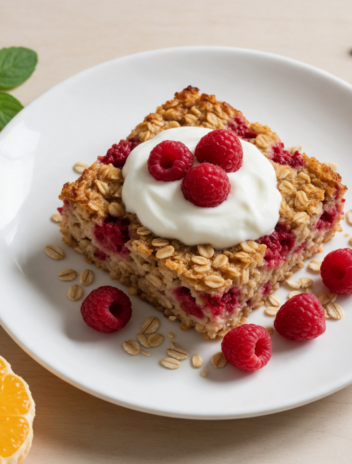 Golden baked oatmeal square topped with a swirl of Greek yogurt and fresh raspberries on a rustic wood table