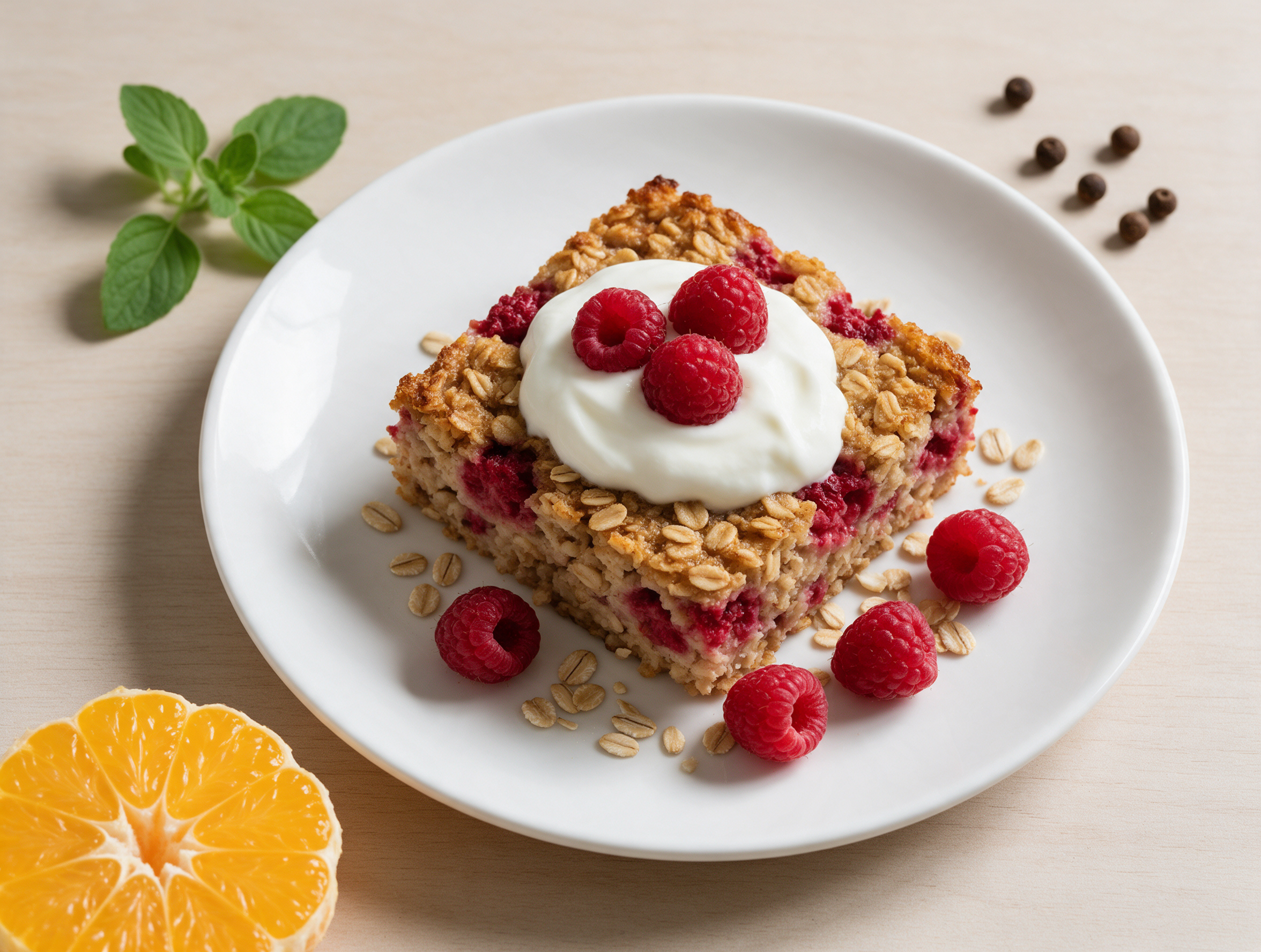 Golden baked oatmeal square topped with a swirl of Greek yogurt and fresh raspberries on a rustic wood table