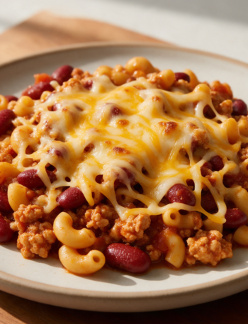 Overhead view of turkey chili mac in a cast iron pot with melted cheddar strands and visible kidney beans on a wood table