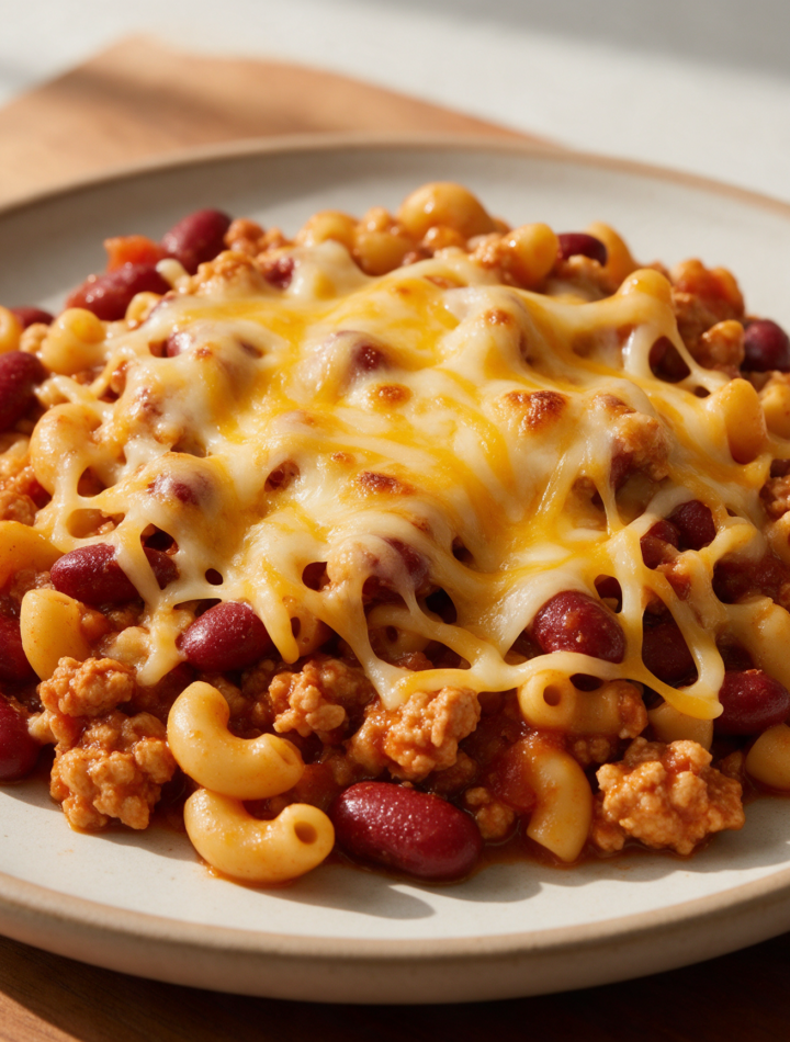 Overhead view of turkey chili mac in a cast iron pot with melted cheddar strands and visible kidney beans on a wood table