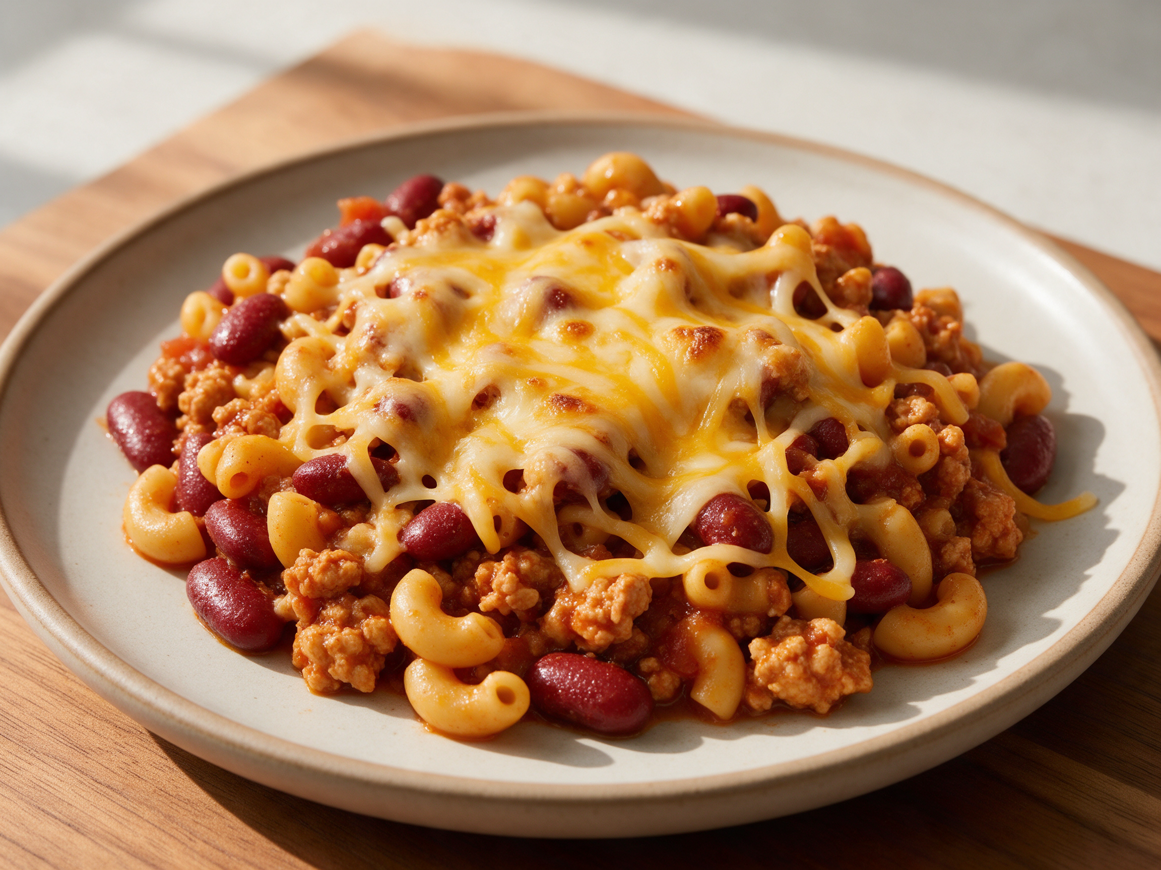 Overhead view of turkey chili mac in a cast iron pot with melted cheddar strands and visible kidney beans on a wood table