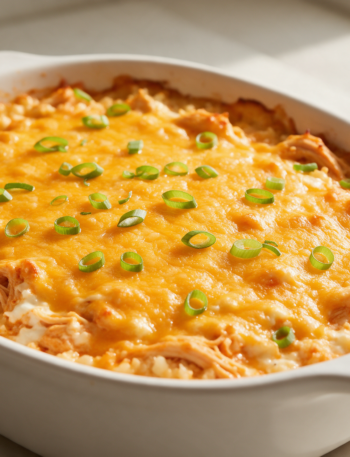 Overhead view of bubbling buffalo chicken cauliflower rice casserole in a white baking dish with melted cheddar and green onion