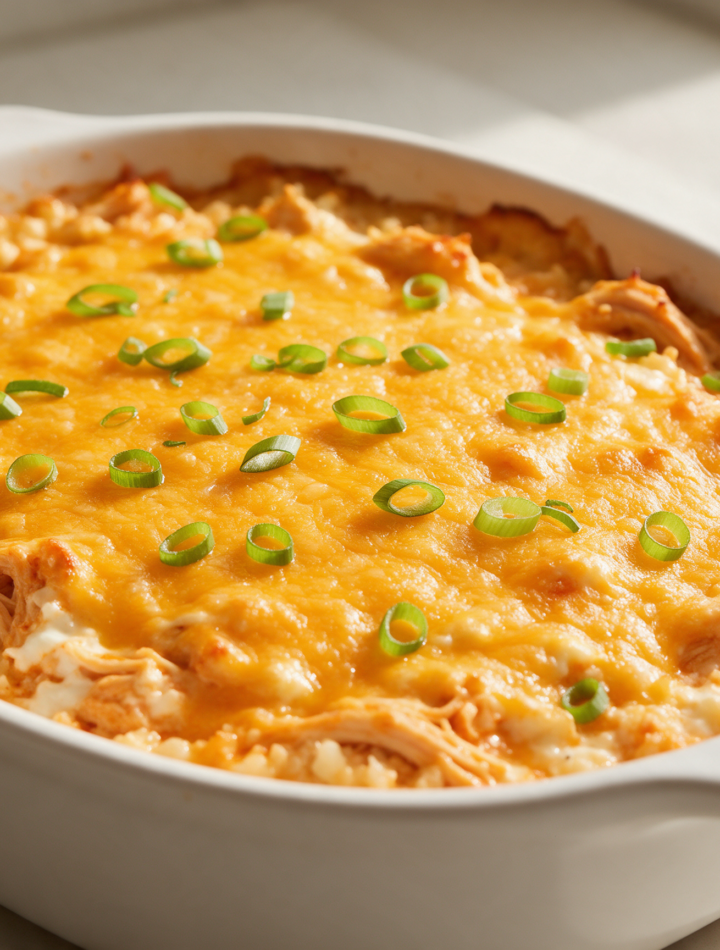 Overhead view of bubbling buffalo chicken cauliflower rice casserole in a white baking dish with melted cheddar and green onion