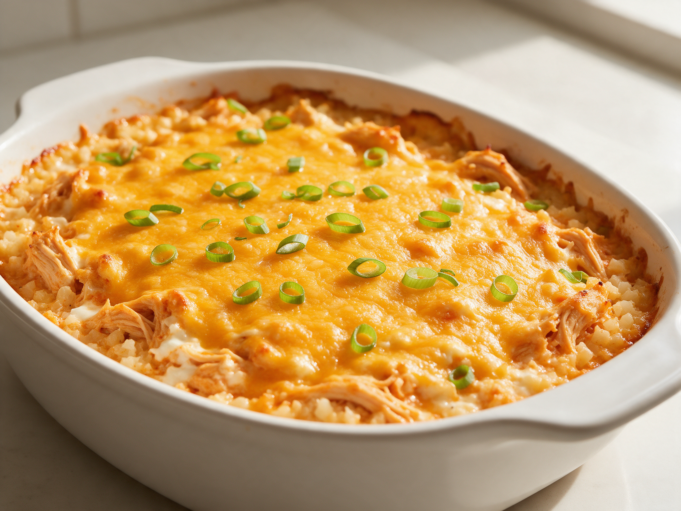 Overhead view of bubbling buffalo chicken cauliflower rice casserole in a white baking dish with melted cheddar and green onion