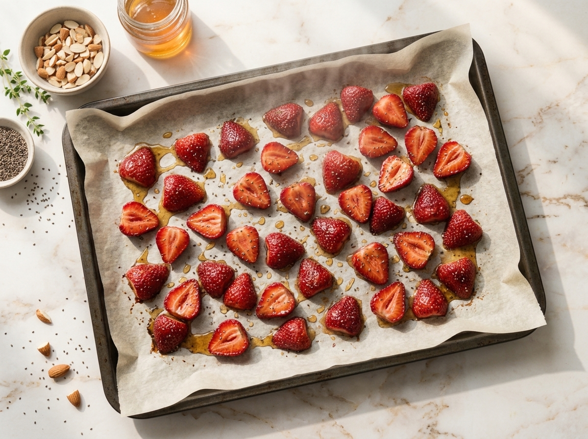 Halved strawberries glisten with honey glaze on a parchment-lined sheet pan straight out of the oven, steam rising.
