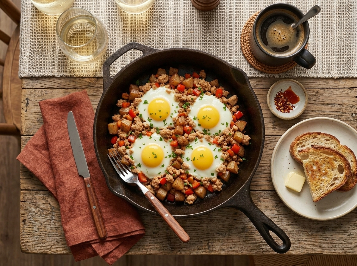 A filled plate of turkey hash and a fried egg next to a mug of coffee and a linen napkin on a kitchen table.