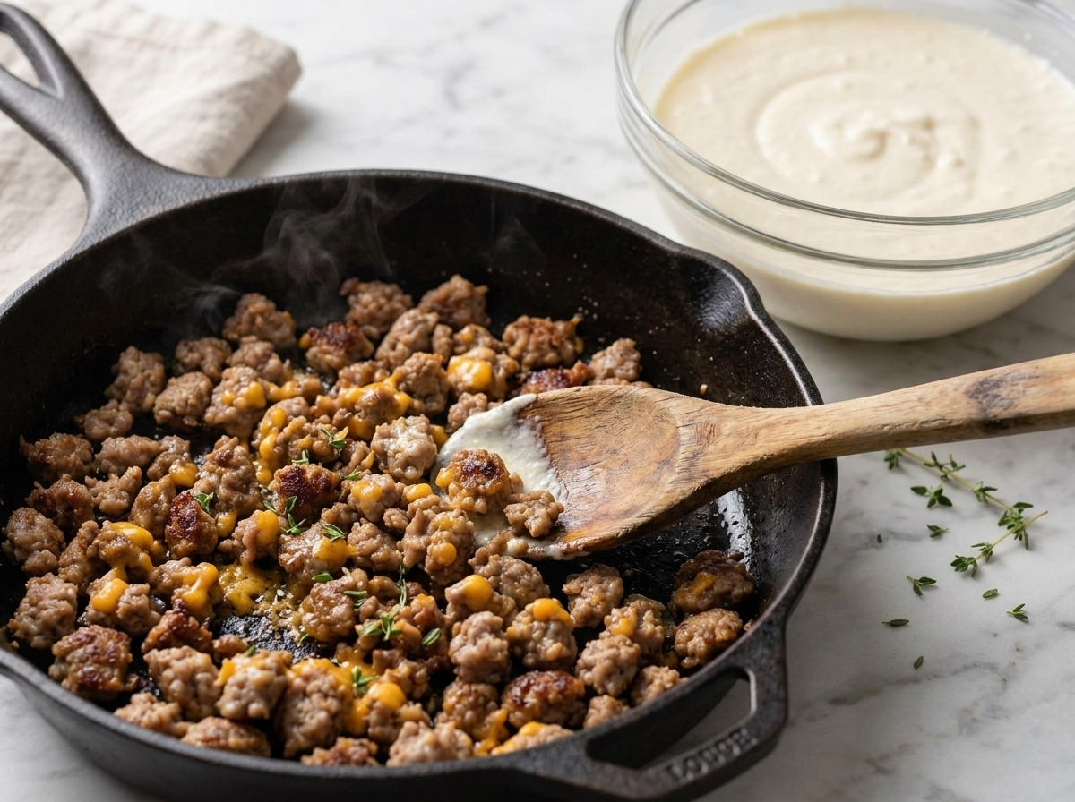 Cook stirring turkey sausage crumbles in a cast iron skillet while smooth cottage cheese batter waits in a glass bowl nearby