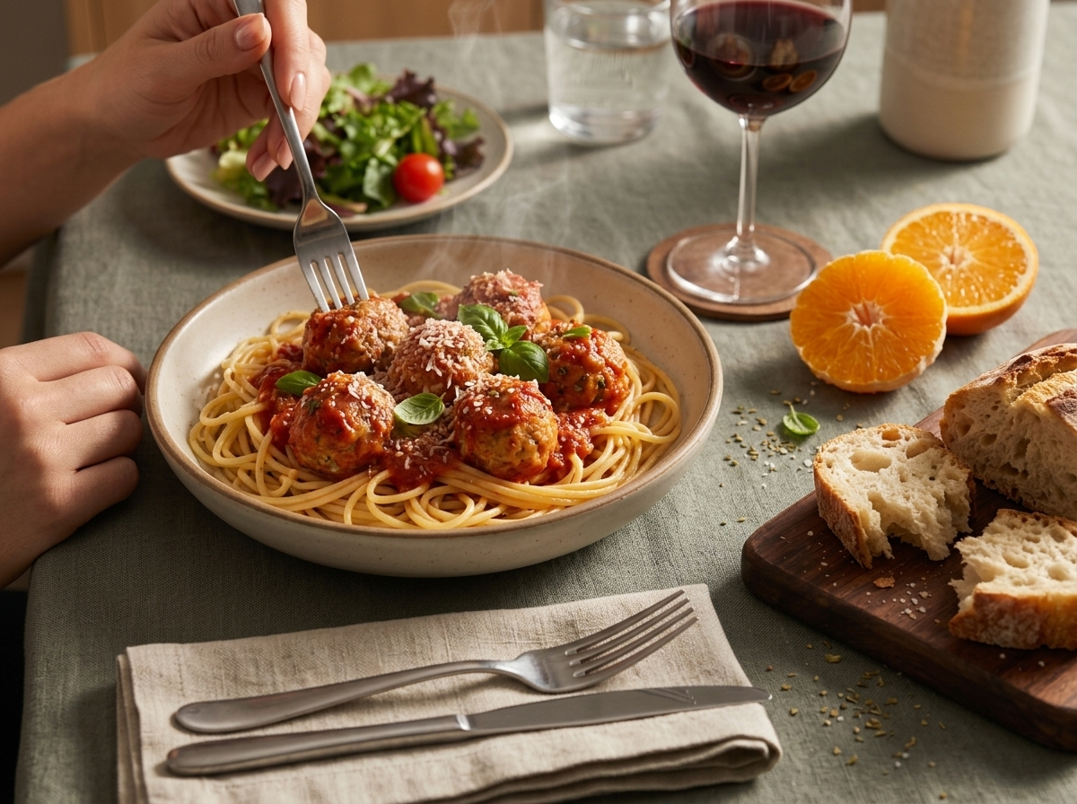 Bowl of chicken meatballs and tomato sauce over spaghetti on a linen tablecloth with crusty bread and a glass of wine