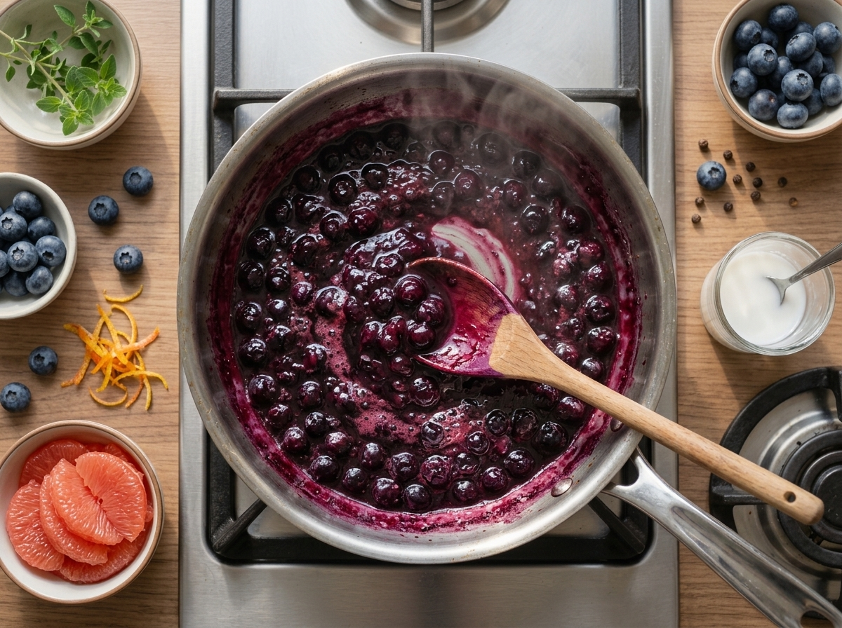 Blueberries simmering in a saucepan, thickening into glossy compote as a wooden spoon stirs through the bubbling fruit.