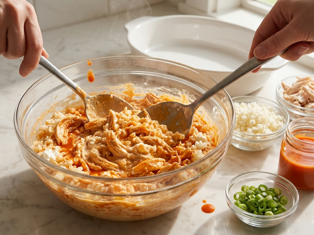 Hands folding shredded chicken and riced cauliflower into buffalo sauce and cream cheese in a glass mixing bowl