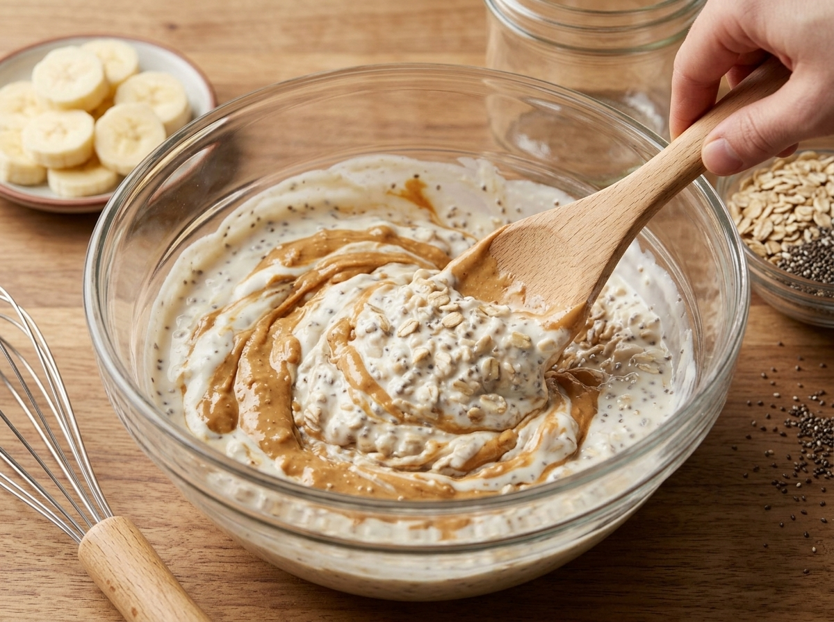 Hand whisking peanut butter into Greek yogurt and milk in a glass bowl before stirring in rolled oats and chia seeds