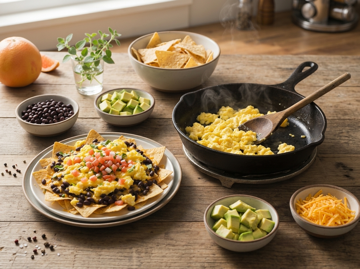 Cast iron skillet with soft scrambled eggs being stirred with a wooden spoon next to a warm pan of melted cheese nachos