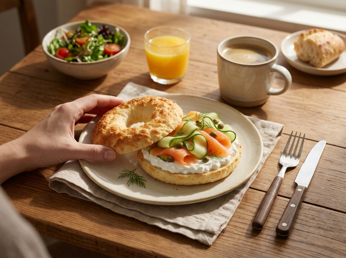 Breakfast table scene with smoked salmon cottage cheese bagels, a mug of coffee, and orange juice in warm morning window light.